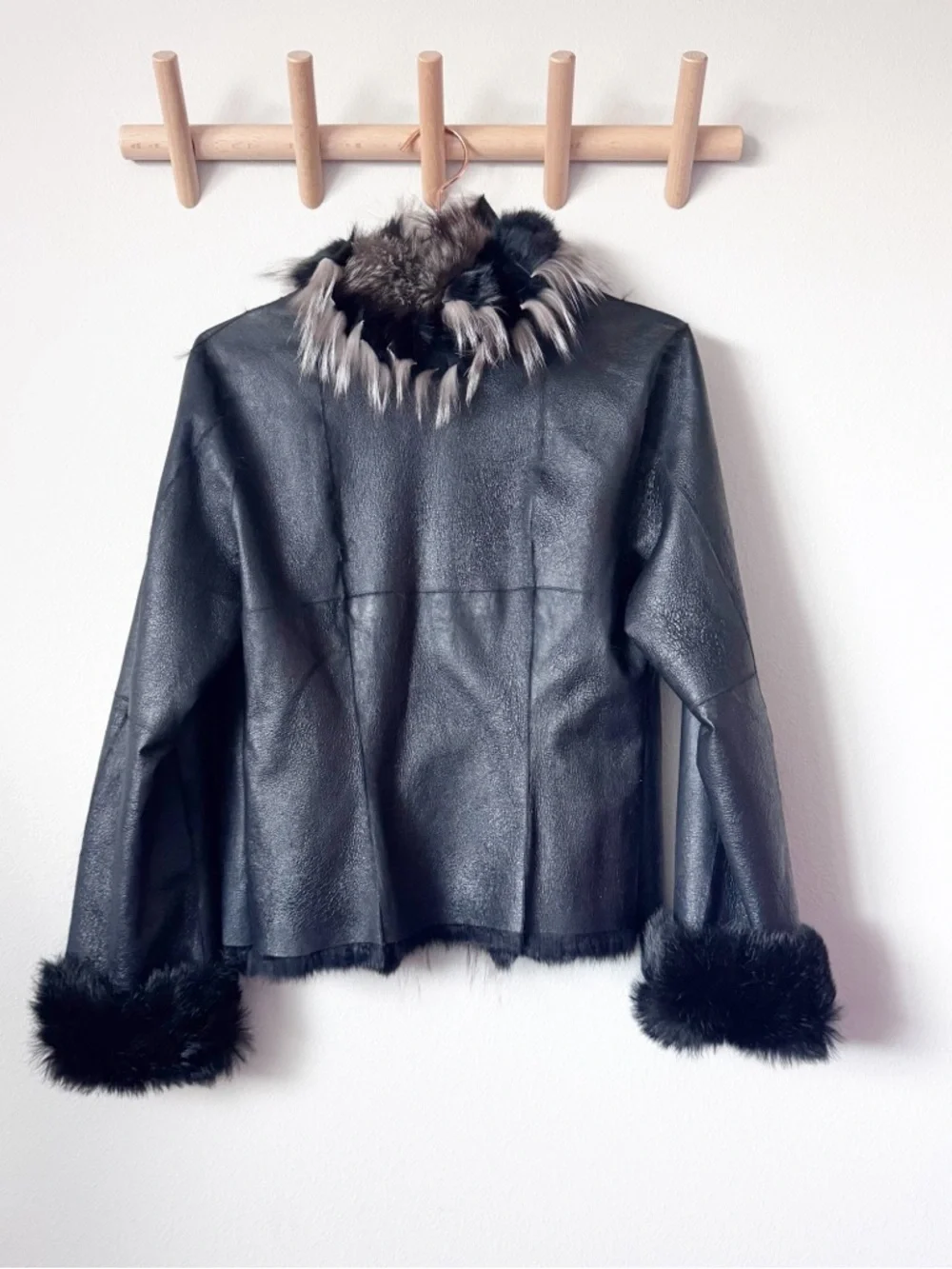 Women’s Black Faux Fur Trim Leather Jacket - Picture 3 of 7